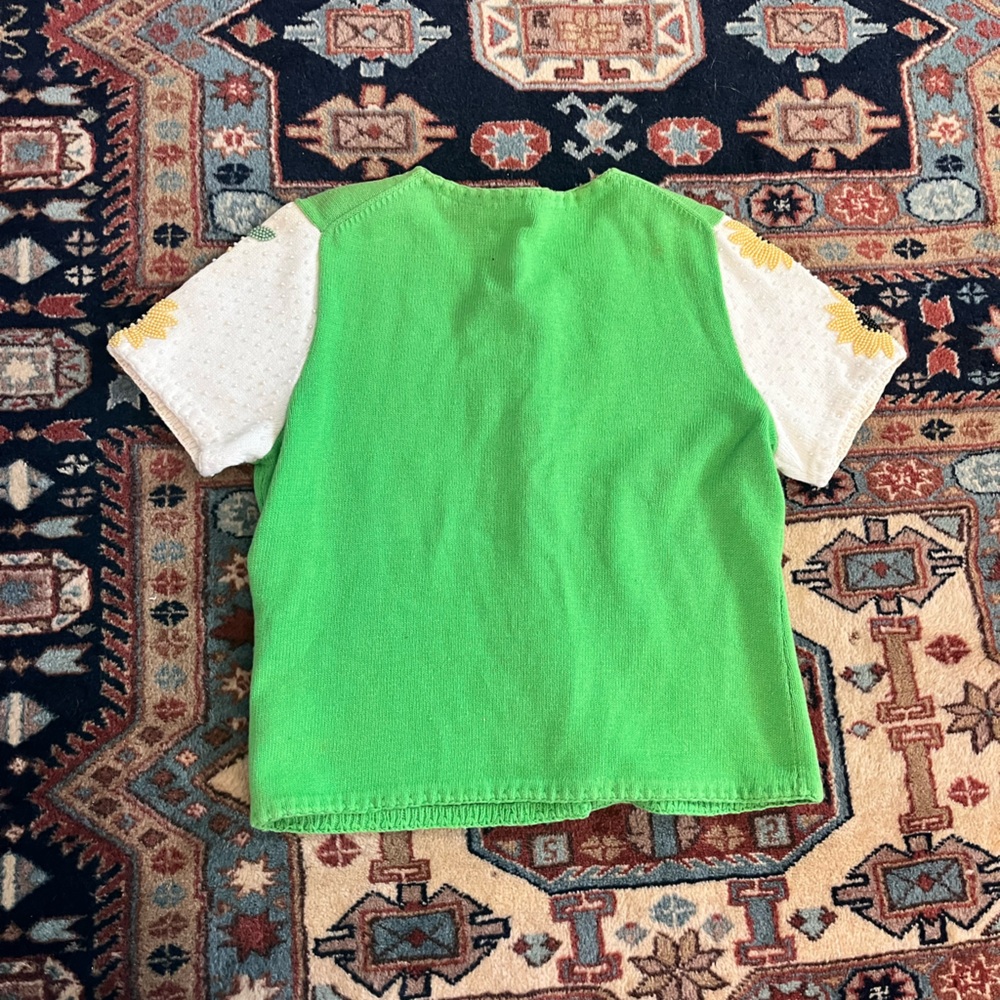Vintage knit top button down sunflowers beaded green yellow crop blouse M - Picture 10 of 12